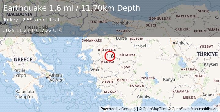 Earthquake WESTERN TURKEY (1.6 ml) (2025-11-21 19:17:22 UTC)