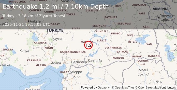 Earthquake EASTERN TURKEY (1.2 ml) (2025-11-21 19:15:02 UTC)