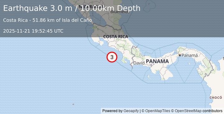 Earthquake OFF COAST OF COSTA RICA (3.0 m) (2025-11-21 19:52:45 UTC)