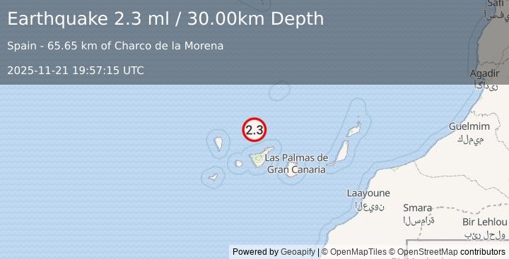 Earthquake CANARY ISLANDS, SPAIN REGION (2.3 ml) (2025-11-21 19:57:15 UTC)