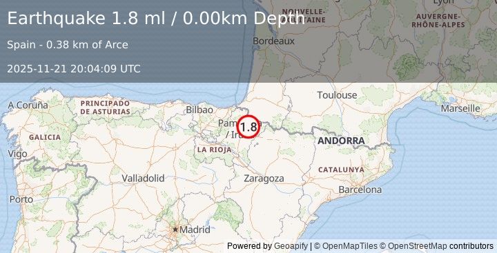 Earthquake PYRENEES (1.8 ml) (2025-11-21 20:04:09 UTC)