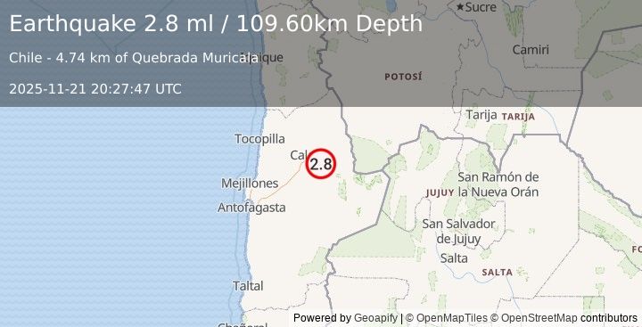 Earthquake ANTOFAGASTA, CHILE (2.8 ml) (2025-11-21 20:27:47 UTC)