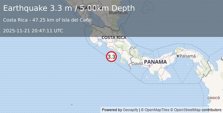 Earthquake OFF COAST OF COSTA RICA (3.3 m) (2025-11-21 20:47:11 UTC)