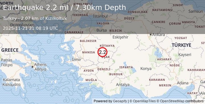 Earthquake WESTERN TURKEY (2.2 ml) (2025-11-21 21:08:20 UTC)