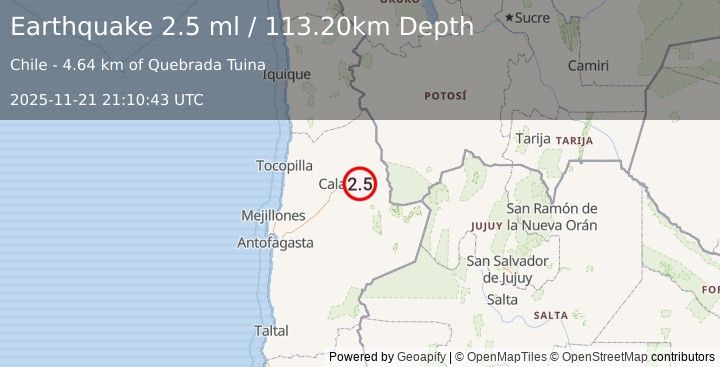 Earthquake ANTOFAGASTA, CHILE (2.5 ml) (2025-11-21 21:10:43 UTC)