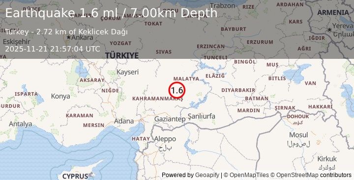 Earthquake CENTRAL TURKEY (1.6 ml) (2025-11-21 21:57:03 UTC)