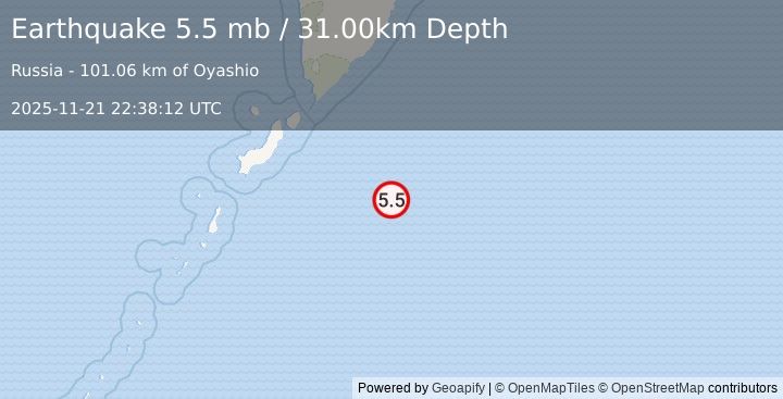 Earthquake EAST OF KURIL ISLANDS (6.1 mb) (2025-11-21 22:38:09 UTC)