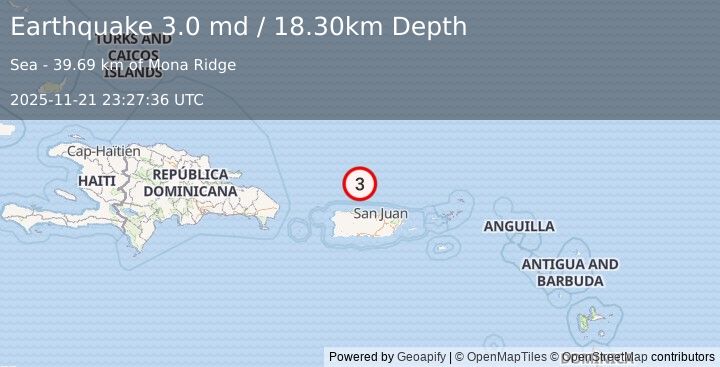 Earthquake PUERTO RICO REGION (3.0 md) (2025-11-21 23:27:36 UTC)