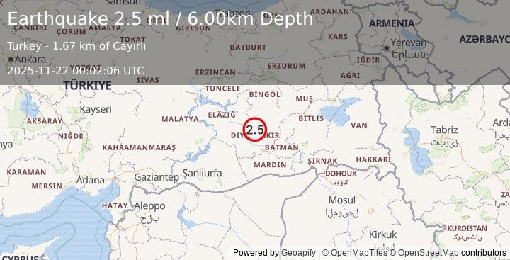 Earthquake EASTERN TURKEY (2.5 ml) (2025-11-22 00:02:06 UTC)
