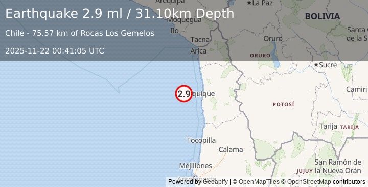 Earthquake OFFSHORE TARAPACA, CHILE (2.9 ml) (2025-11-22 00:41:05 UTC)