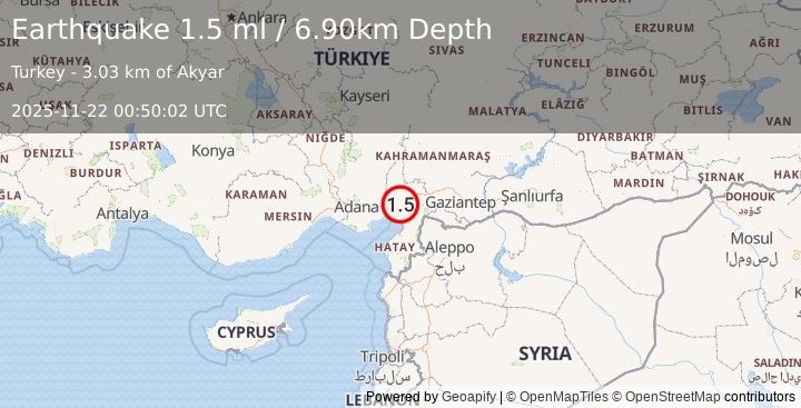 Earthquake CENTRAL TURKEY (1.5 ml) (2025-11-22 00:50:02 UTC)