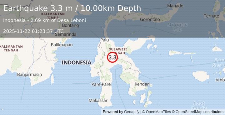 Earthquake SULAWESI, INDONESIA (3.3 m) (2025-11-22 01:23:37 UTC)