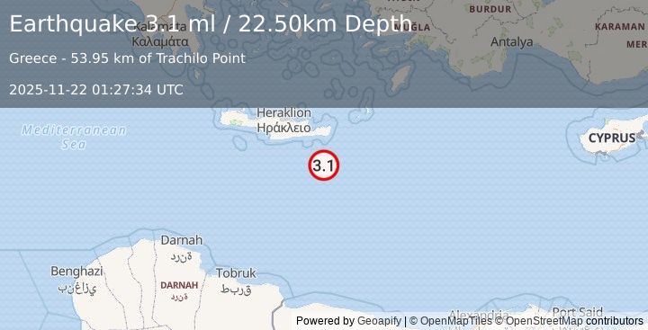 Earthquake CRETE, GREECE (3.1 ml) (2025-11-22 01:27:34 UTC)
