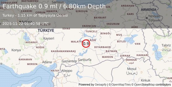 Earthquake EASTERN TURKEY (0.9 ml) (2025-11-22 01:40:58 UTC)