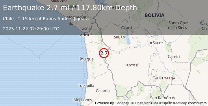 Earthquake TARAPACA, CHILE (2.7 ml) (2025-11-22 02:29:00 UTC)