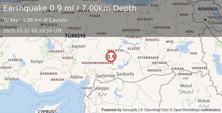 Earthquake CENTRAL TURKEY (0.9 ml) (2025-11-22 02:20:55 UTC)