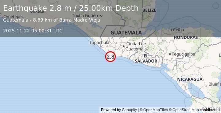 Earthquake OFFSHORE GUATEMALA (2.8 m) (2025-11-22 05:00:31 UTC)