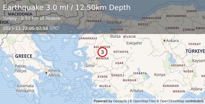 Earthquake WESTERN TURKEY (3.0 ml) (2025-11-22 05:07:58 UTC)