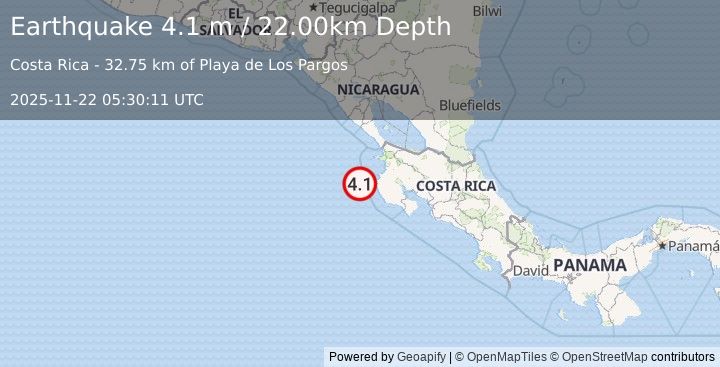 Earthquake OFF COAST OF COSTA RICA (4.1 m) (2025-11-22 05:30:11 UTC)