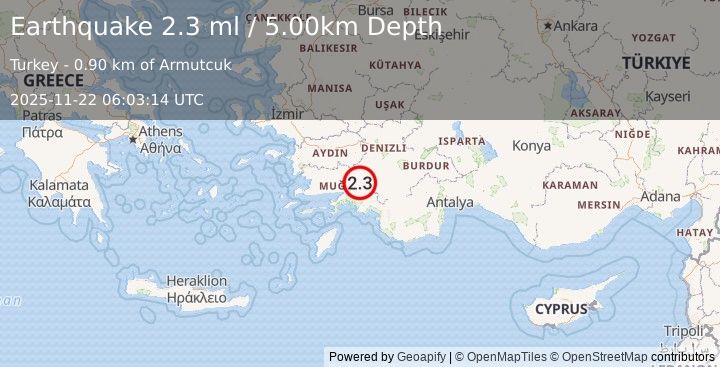 Earthquake WESTERN TURKEY (2.1 ml) (2025-11-22 06:03:14 UTC)