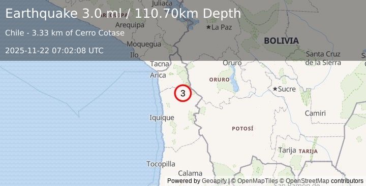 Earthquake TARAPACA, CHILE (3.0 ml) (2025-11-22 07:02:08 UTC)