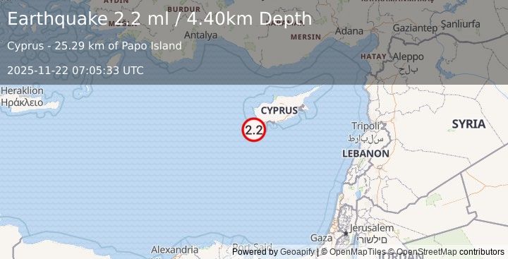 Earthquake CYPRUS REGION (2.2 ml) (2025-11-22 07:05:33 UTC)