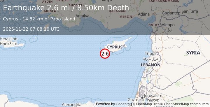 Earthquake CYPRUS REGION (2.6 ml) (2025-11-22 07:08:10 UTC)