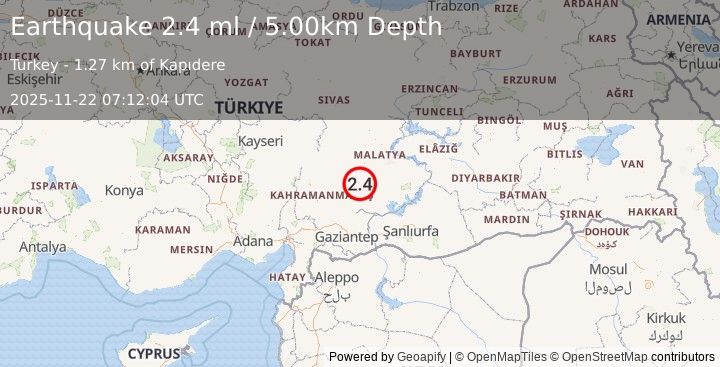 Earthquake CENTRAL TURKEY (2.4 ml) (2025-11-22 07:12:05 UTC)