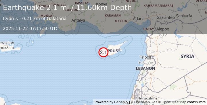 Earthquake CYPRUS REGION (2.1 ml) (2025-11-22 07:17:50 UTC)