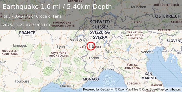 Earthquake NORTHERN ITALY (1.6 ml) (2025-11-22 07:35:03 UTC)