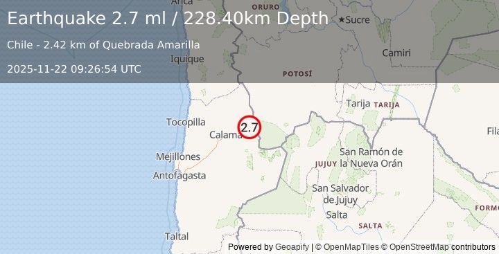 Earthquake ANTOFAGASTA, CHILE (2.7 ml) (2025-11-22 09:26:54 UTC)
