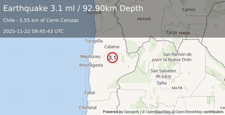 Earthquake ANTOFAGASTA, CHILE (3.1 ml) (2025-11-22 09:45:43 UTC)