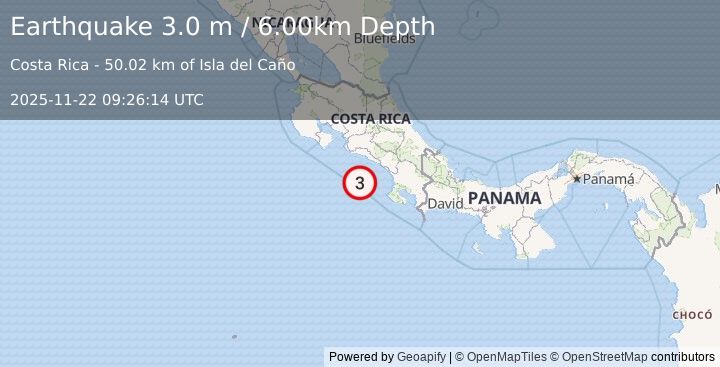 Earthquake OFF COAST OF COSTA RICA (3.0 m) (2025-11-22 09:26:14 UTC)