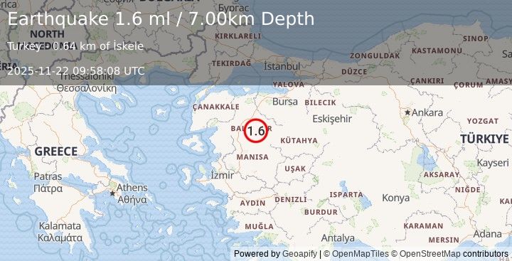 Earthquake WESTERN TURKEY (1.6 ml) (2025-11-22 09:58:08 UTC)