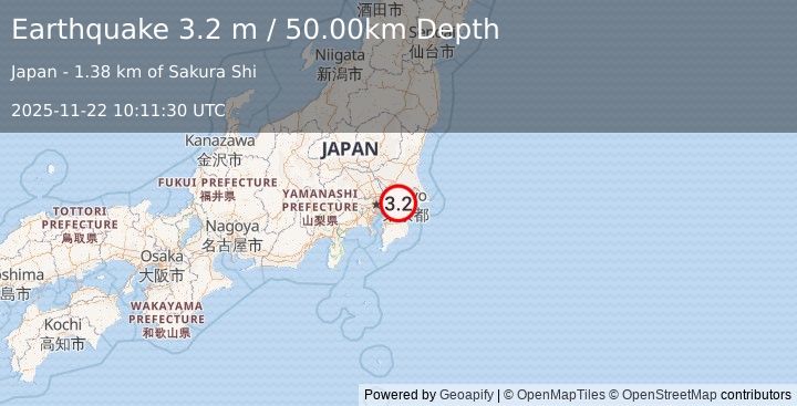 Earthquake NEAR EAST COAST OF HONSHU, JAPAN (3.2 m) (2025-11-22 10:11:30 UTC)