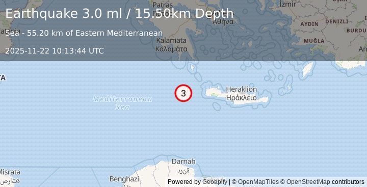 Earthquake CENTRAL MEDITERRANEAN SEA (3.0 ml) (2025-11-22 10:13:44 UTC)