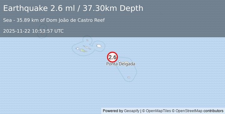 Earthquake AZORES ISLANDS, PORTUGAL (2.6 ml) (2025-11-22 10:53:57 UTC)