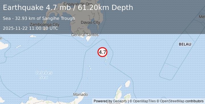Earthquake KEPULAUAN TALAUD, INDONESIA (4.7 mb) (2025-11-22 11:00:10 UTC)