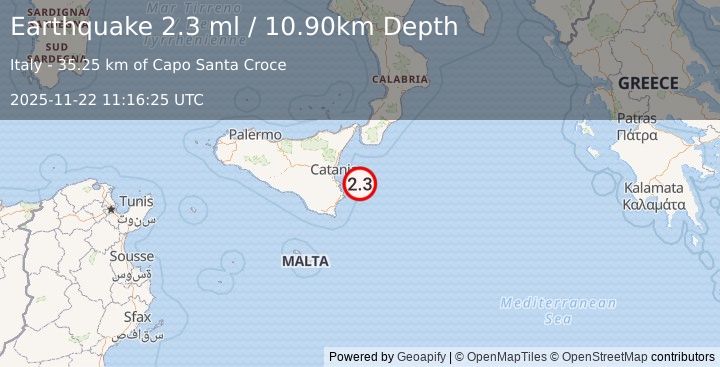 Earthquake SICILY, ITALY (2.3 ml) (2025-11-22 11:16:25 UTC)