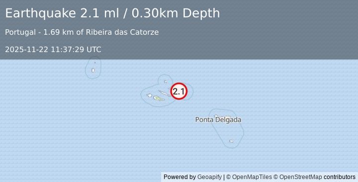 Earthquake AZORES ISLANDS, PORTUGAL (2.1 ml) (2025-11-22 11:37:29 UTC)
