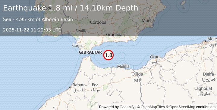 Earthquake STRAIT OF GIBRALTAR (1.8 ml) (2025-11-22 11:22:03 UTC)