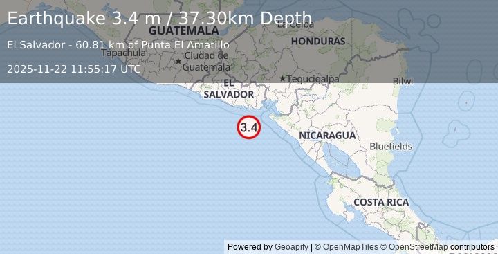Earthquake OFFSHORE EL SALVADOR (3.4 m) (2025-11-22 11:55:17 UTC)