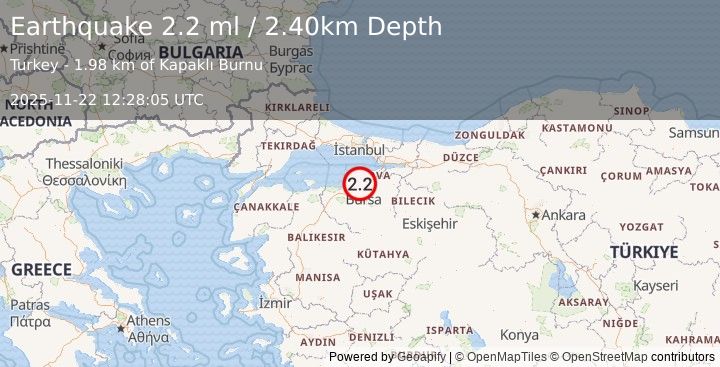 Earthquake WESTERN TURKEY (2.2 ml) (2025-11-22 12:28:05 UTC)