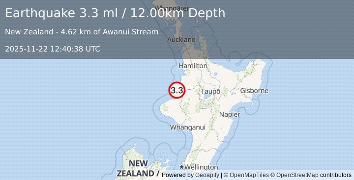Earthquake NORTH ISLAND OF NEW ZEALAND (3.3 ml) (2025-11-22 12:40:38 UTC)