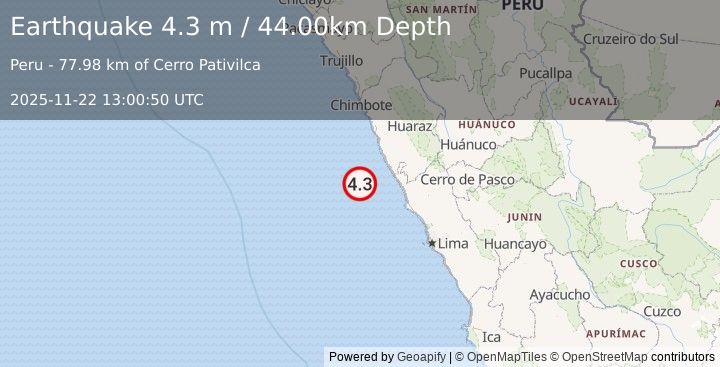 Earthquake NEAR COAST OF CENTRAL PERU (4.3 m) (2025-11-22 13:00:50 UTC)