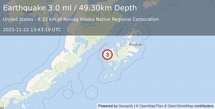Earthquake KODIAK ISLAND REGION, ALASKA (3.0 ml) (2025-11-22 13:43:19 UTC)