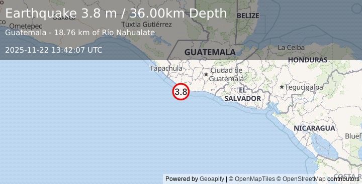 Earthquake OFFSHORE GUATEMALA (3.8 m) (2025-11-22 13:42:07 UTC)