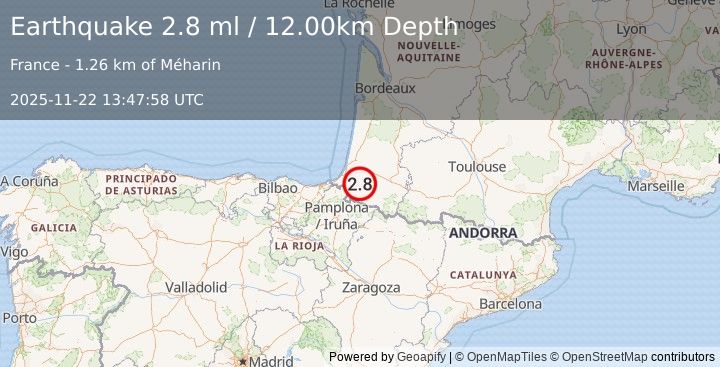 Earthquake PYRENEES (2.8 ml) (2025-11-22 13:47:58 UTC)