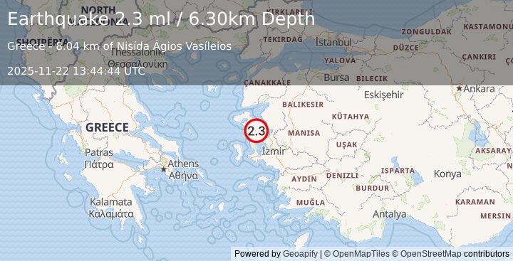 Earthquake NEAR THE COAST OF WESTERN TURKEY (2.2 ml) (2025-11-22 13:44:43 UTC)