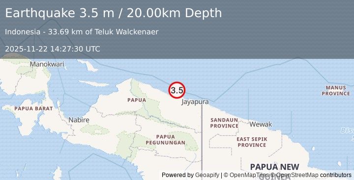 Earthquake NEAR N COAST OF PAPUA, INDONESIA (3.5 m) (2025-11-22 14:27:30 UTC)
